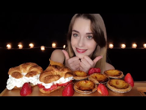 [Mukbang ASMR] Crispy Strawberry & Cream Croissant 🥐 Egg Tarts & Fresh Strawberries!