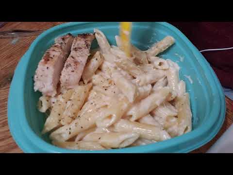 asmr penne pasta with chicken (open mouth chewing)
