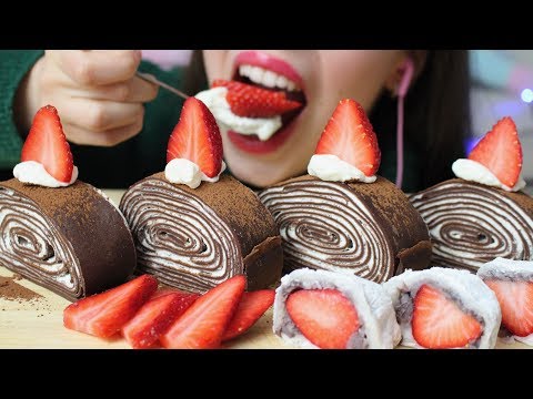 ASMR CHOCOLATE CREPE ROLL CAKE + Daifuku, Strawberries (Eating Sounds) No talking