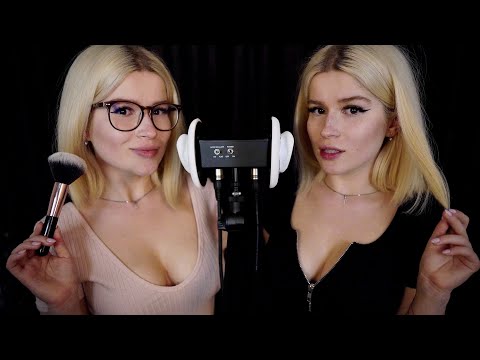ASMR twin sisters will put you to sleep 💤 3Dio binaural mouth sounds, kisses, brushing, breathing
