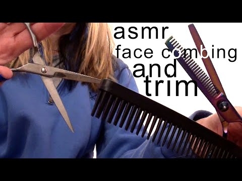 face comb and trim w/shears on camera lens ASMR