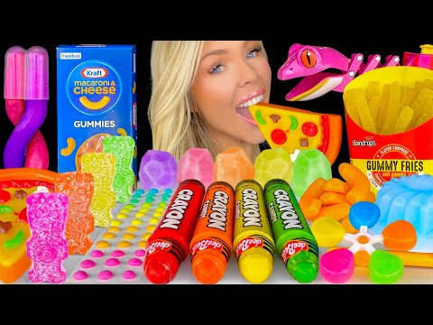ASMR RAINBOW FOOD MUKBANG, Kraft Gummy Mac and Cheese, Gummy Fries Pizza, Candy Buttons, Giveaway 먹방