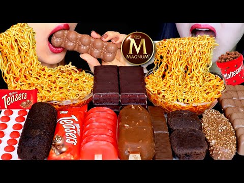 ASMR MALTESERS CHOCOLATE, SPICY RAMEN NOODLES, MAGNUM ICE CREAM, CANDY BUTTONS, BROWNIE, KINDER 먹방