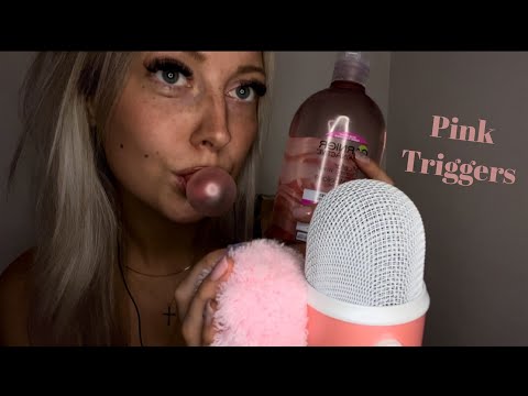 Asmr | Pink things! 🎀🐷Gum chewing/blowing bubbles, gel nails, sticky tapping, pink leather