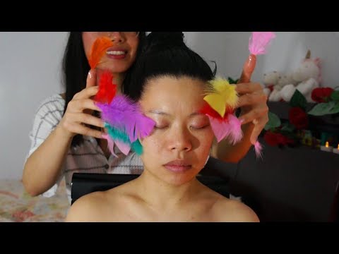 ASMR FEATHER FINGERS!! Face, Neck, Shoulder Brushing/ Tickle/ Trace + Massage w. Variety of Tiingles