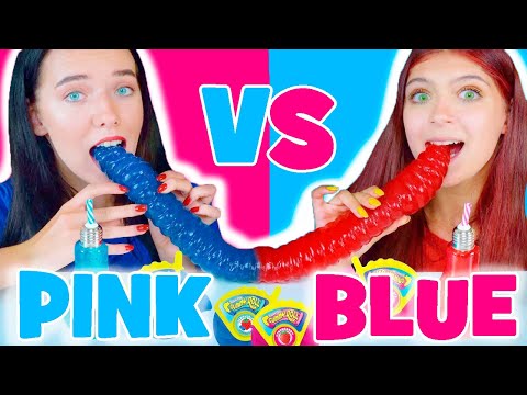 ASMR Pink VS Blue Candy Race Eating Giant Gummy Worm Mukbang