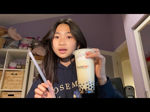 ASMR green tea boba chewing and drinking sounds🧋🍵