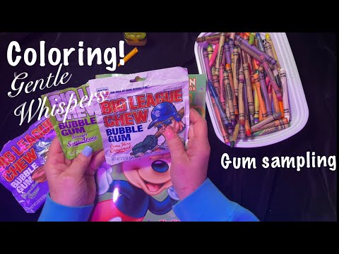 ASMR Coloring with Crayons (Gentle whispering & gum chewing) Crayon rummage/Big League Chewing Gum.