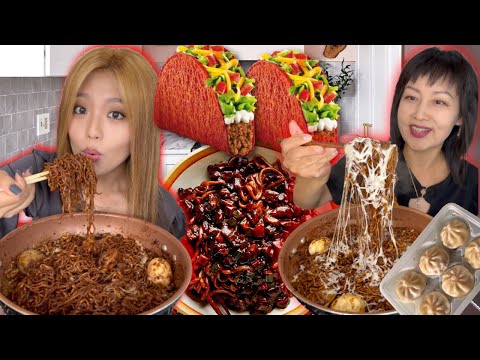 Cooking CHEESY BLACK BEAN NOODLES with SPICY TACOS
