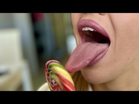 ASMR Play with lollipop, chewing gum with mouth sounds and magic tongue swirl