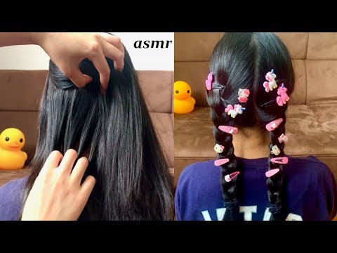 ASMR Comforting Hair Brushing + Hair Play, Hair Styling w HELLO KITTY CLIPS!! 🐱 HEAD BOPS + Pulling
