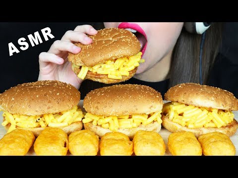 ASMR KRAFT MAC & CHEESE BURGERS + SALMON NUGGETS (EATING SOUNDS) No Talking MUKBANG 먹방