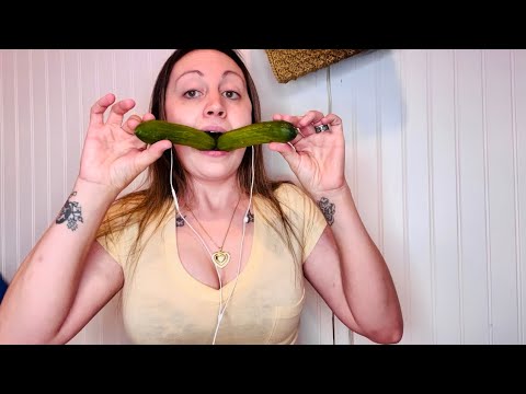 ASMR 🥒 stuffing my face with mini cucumbers. How many can I fit? Crunchy, smacking, gulping sounds