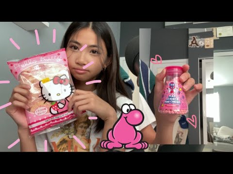 ASMR eating Hello Kitty rice crackers, chemist bubblegum, and nerds rope