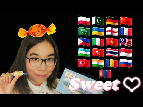 ASMR SWEET IN DIFFERENT LANGUAGES (Tapping, Crinkling, Mouth Sounds. Soft Speaking)🍬🧁