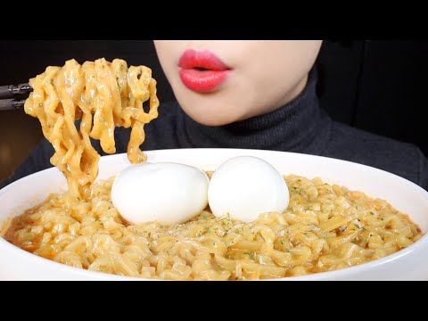 ASMR CREAMY Carbo Fire Noodles with Soft Boiled Eggs Eating Sounds Mukbang
