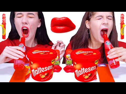 ASMR *RED FOOD* JELLO SHEET, TWIST AND DRINK, MALTESERS, BUBBLE GUM MUKBANG 먹방