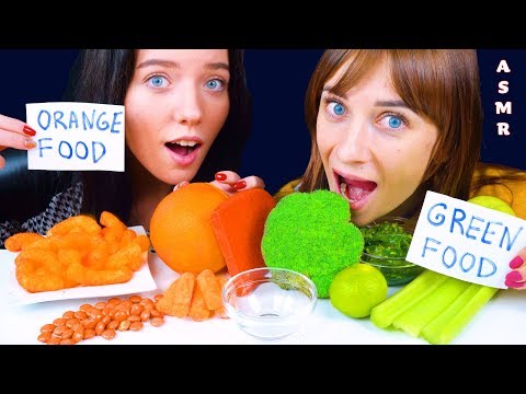 ASMR ORANGE FOOD VS GREEN FOOD (Cheetos, M&Ms, Carrot, Cheese, Seaweed, Lime) EATING SOUNDS