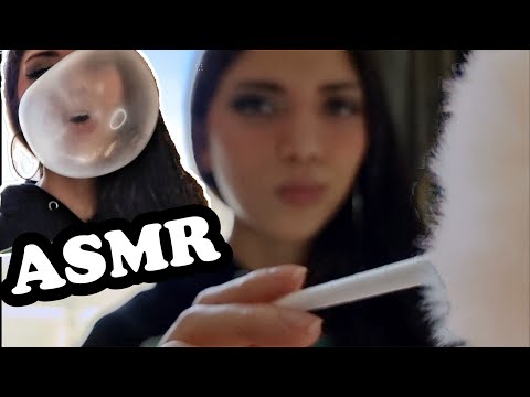 ASMR Girl Blows Up Huge Bubble Gum and Tickles YOU with a Fluffy Pen
