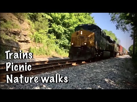 ASMR Nature walk (No talking) walking in gravel/ moving trains/running water in creek/picnic
