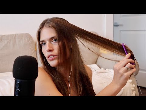 ASMR | Brushing & combing my hair + chatty whisper (wet/dry hair sounds)