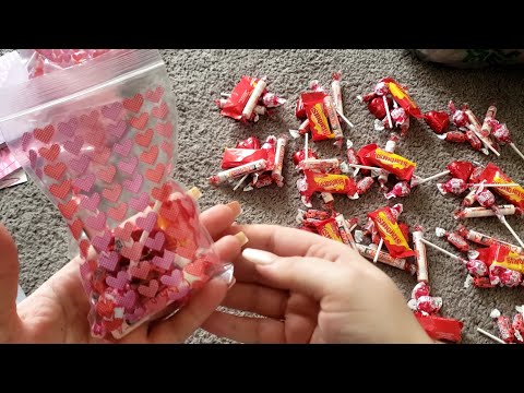 ASMR- Making Valentine Bags for my Class w/ Gum Chewing (counting, sorting, crinkling, crafting)
