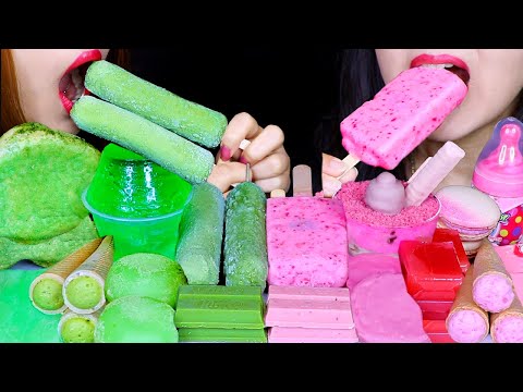 ASMR PINK + GREEN DESSERTS (ICE CREAM BARS, MOCHI, JELLY, MACARON, KITKAT, BUBBLY CHOCOLATE CONES 먹방