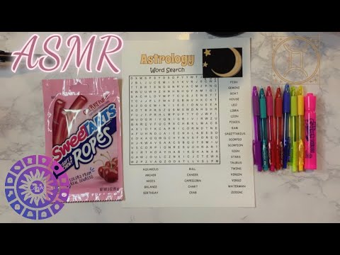 ASMR| Astrology word search+ eating sweetTarts ropes| Whispering (read description)