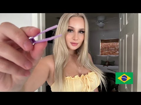 POV American Friend Fixes Your Eyebrows (in Portuguese) - ASMR *personal attention*