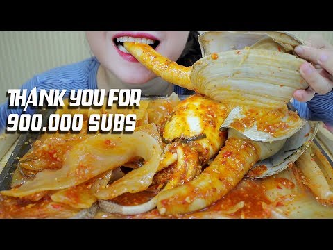 ASMR WIDE GLASS NOODLES WITH SQUID AND GIANT GEODUCK (HAPPY 900K SUBS)EATING SOUNDS | LINH-ASMR