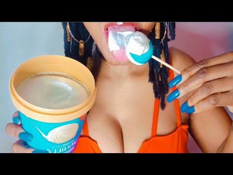 SCOOPING VANILLA YOGURT WITH LOLLIPOP 🍭🍨😊 [eating yogurt / mount sounds]