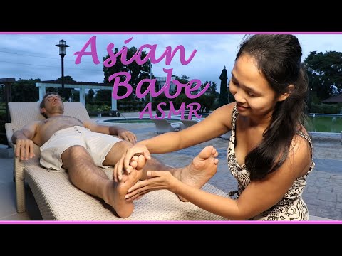 Asian Babe ASMR | The Perfect Poolside FOOT & LEG Tickle Massage  (Spa Music 🎶 + Nature Sounds)