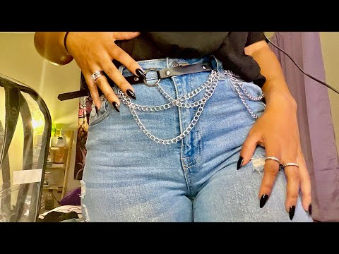 Denim Jean Scratching with Long Nails + chain belt tingles ⚠️