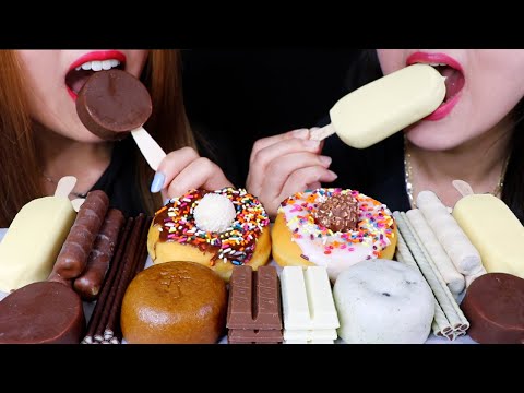 ASMR MILK + WHITE CHOCOLATE (CHOCO ROLLS, DONUT, MAGNUM ICE CREAM, KITKAT) 리얼사운드 먹방 | Kim&Liz ASMR