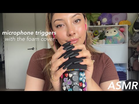 ASMR mic triggers 🖤 ~foam cover, scratching, tapping, pumping, swirling~ | Minimal whispers