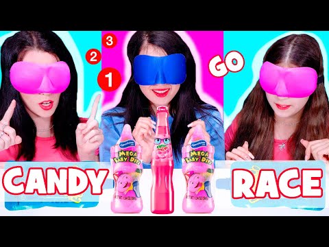 ASMR Candy Race with Closed Eyes | Eating Only One Color Food | Pink and Blue