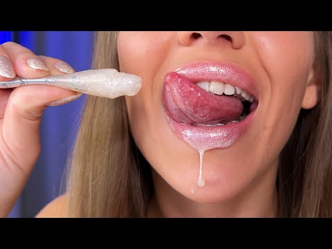 Mixing lip glosses & lots of layers | ASMR Mouth sounds | Licking and tongue fluttering