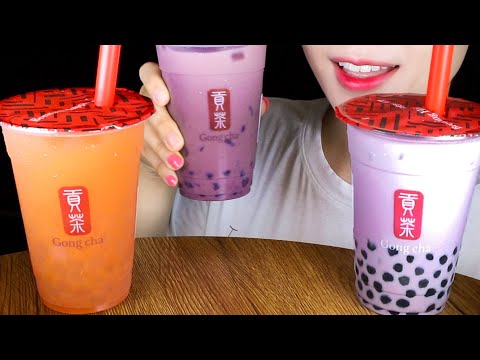 ASMR Gongcha Bubble Tea | Taro Milk Tea, Grapefruit Green Tea, Grape Jewel Milk Tea | Drink Mukbang