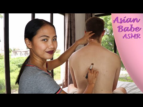 Asian Babe ASMR | LIGHT BACK TRACING with Fingers, Brushes, and Glasses (Tickle Massage)