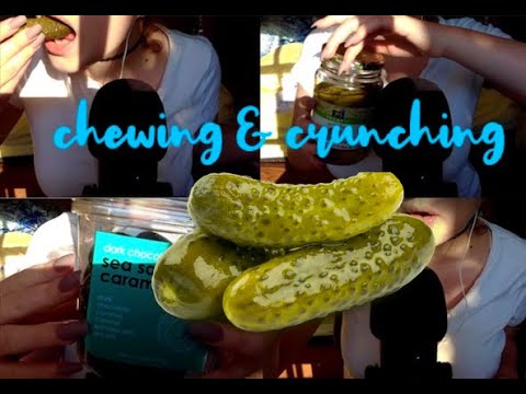 ASMR crunching, chewing, tapping, whispers, lid sounds (pickles and caramels)