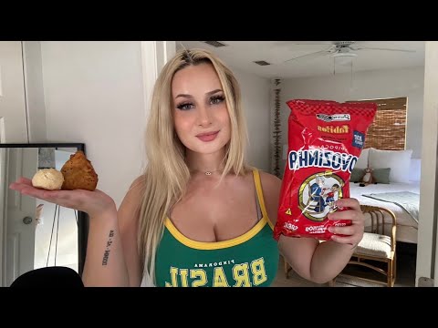 American Tries Brazilian Snacks and Speaking Portuguese - ASMR *relaxing*