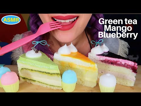 ASMR GREEN TEA,MANGO, BLUEBERRY CHEESE CAKE EATING SOUND MUKBANG|그린티,망고,블루베리 치즈케익 먹방|CURIE.ASMR