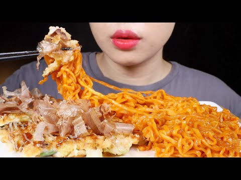 ASMR Quattro Cheese Buldak Noodles and Okonomiyaki | Seafood Pancakes | Eating Sounds Mukbang