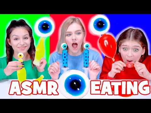 ASMR Eating Sounds Gummy Eyeballs, Wax Bottles Mukbang