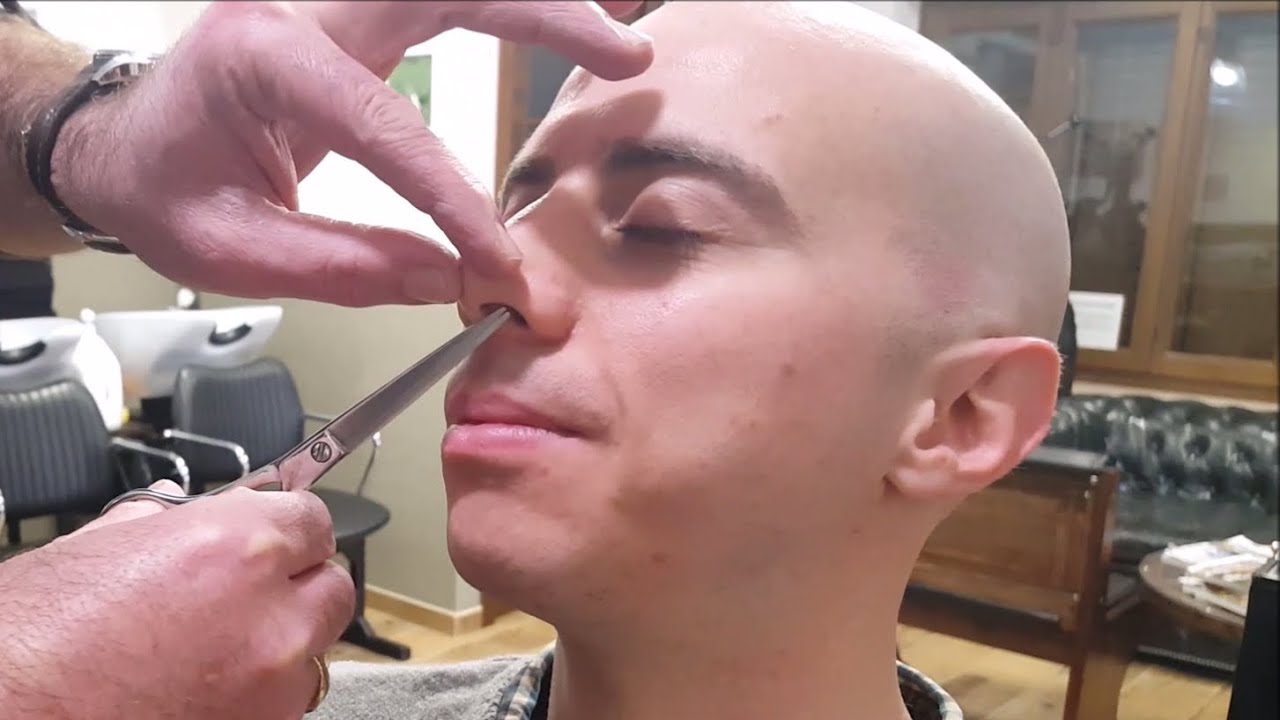 Italian Barber Head Shave with Nose and Eyebrows hairs trimming - ASMR no talking