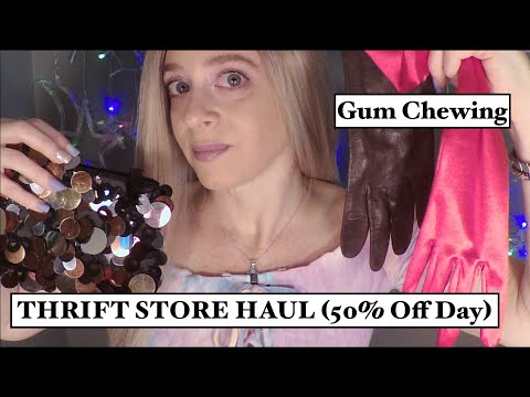 [ASMR] Gum Chewing| Thrift Store Haul| Purse| Jewelry| Leather| Whispered
