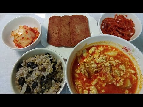 ASMR: stew,spam, rice 순두부찌개 스팸 진미채 밥 한식 이팅사운드 soft tofu, dried squid, kimchi eating sounds mukbang