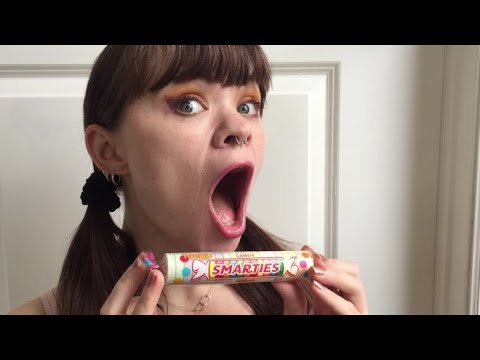 ASMR XL MEGA SMARTIES CANDY REVIEW | satisfying sunny sounds soft spoken mouth chewing teeth eating