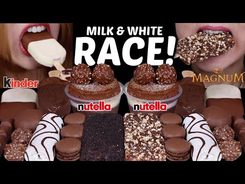 ASMR MILK & WHITE CHOCOLATE RACE! NUTELLA FERRERO CAKE, MAGNUM ICE CREAM, ZEBRA CAKE, OREO, REESE'S