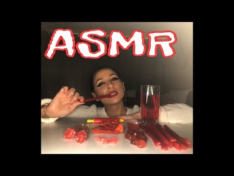 ASMR RED FOOD, CANDY, CHIPS, JELLY CUPS, MUKBANG